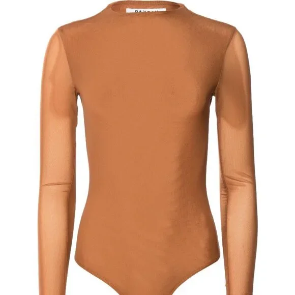 Plus Size Callie Sexy Mesh Long Sleeve Almond Brown Bodysuit 1X M - Picture 3 of 4